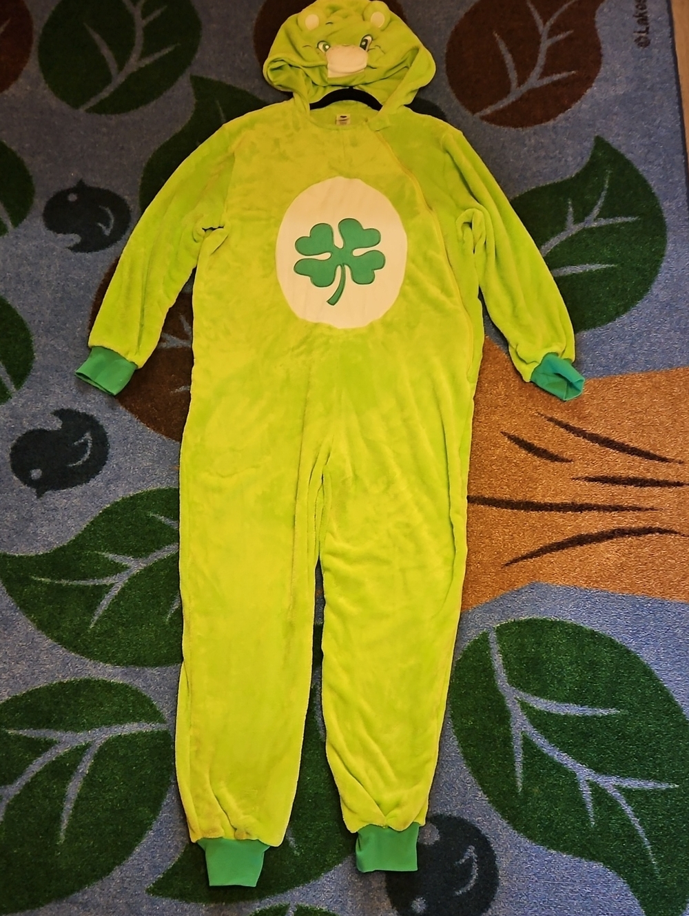 Care Bears Lime Green Plush Hooded One-Piece Costume with Shamrock Belly Badge